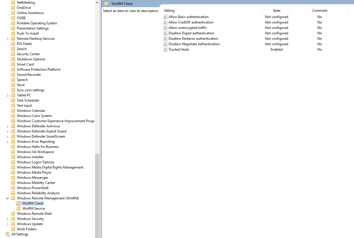 The WinRM Client folder in the Group Policy editor, with Trusted Hosts set to Enabled