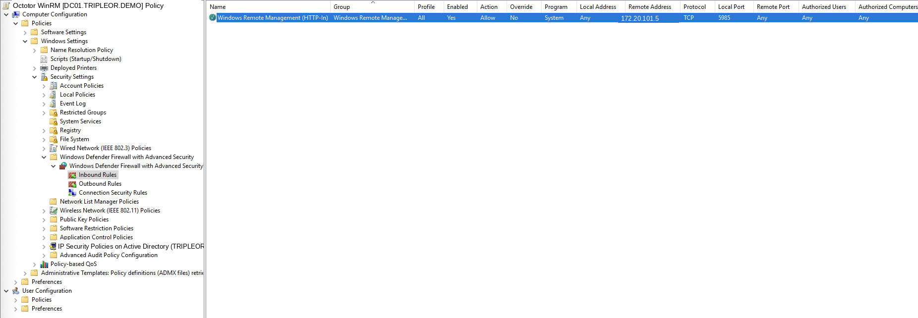 The Inbound Rules list showing the Windows Remote Management (HTTP-In) rule: Allow, TCP local port 5985, remote address limited to the Octotor server