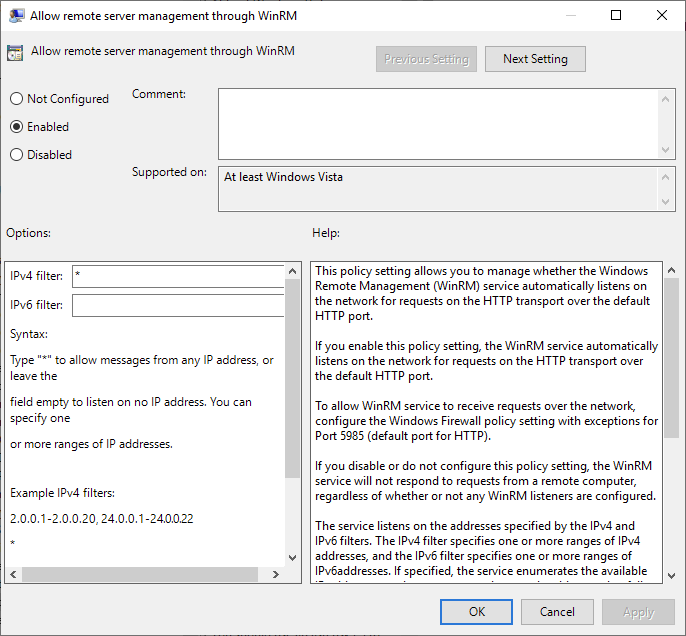 The Allow remote server management through WinRM dialog: Enabled, IPv4 filter set to *
