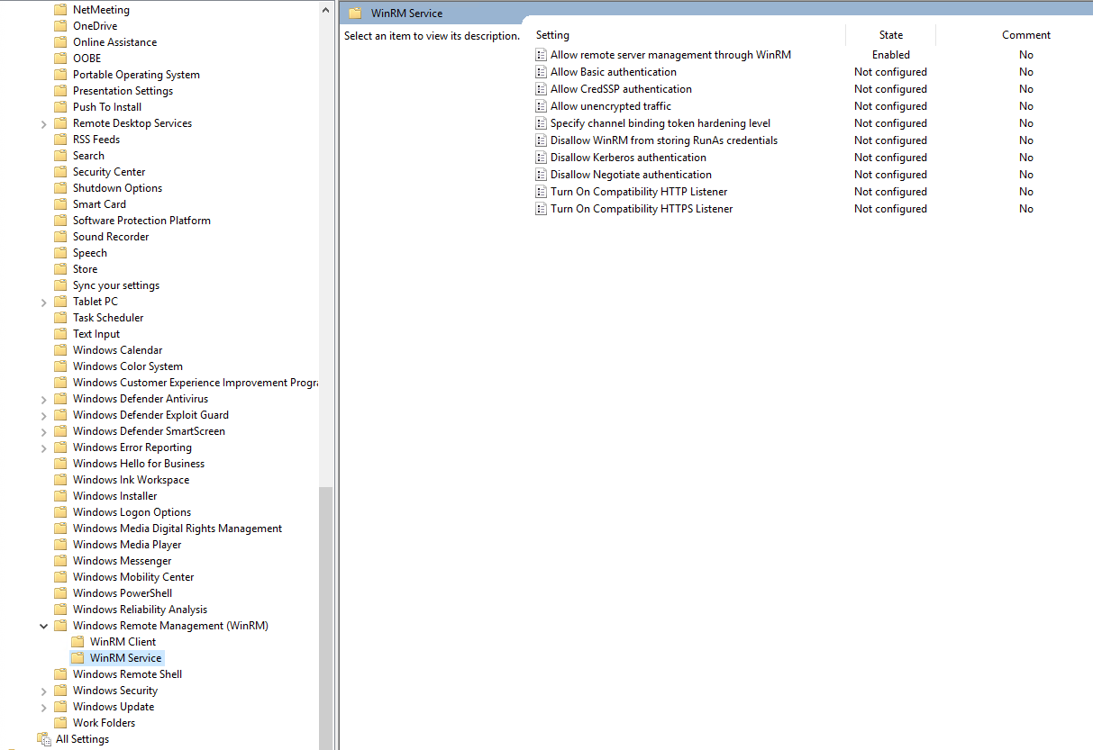 The WinRM Service folder in the Group Policy editor, with Allow remote server management through WinRM set to Enabled