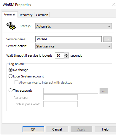 The WinRM service properties dialog: Startup Automatic, Service name WinRM, Service action Start service