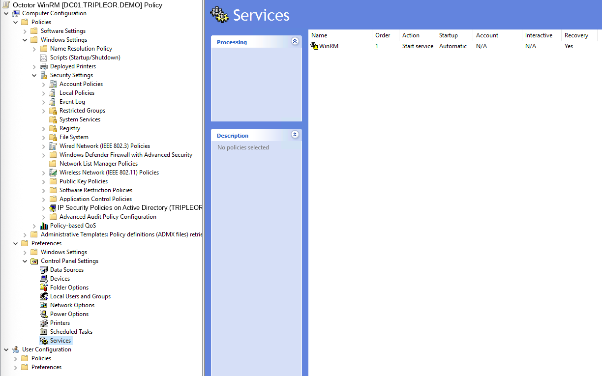 The Services preference list with one entry: WinRM, startup Automatic, action Start service