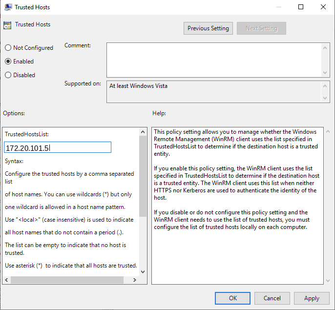 The Trusted Hosts dialog: Enabled, with the Octotor server IP in the TrustedHostsList field