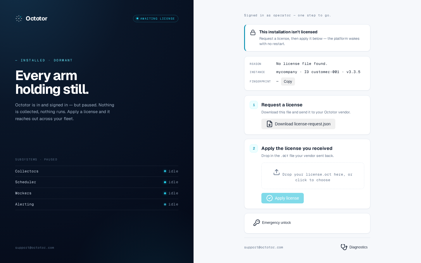 The activation page — request a license, then apply it