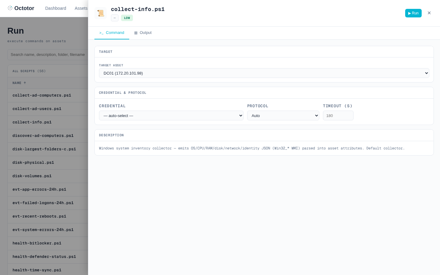 The Run page opened from the asset — target preselected, scripts filtered