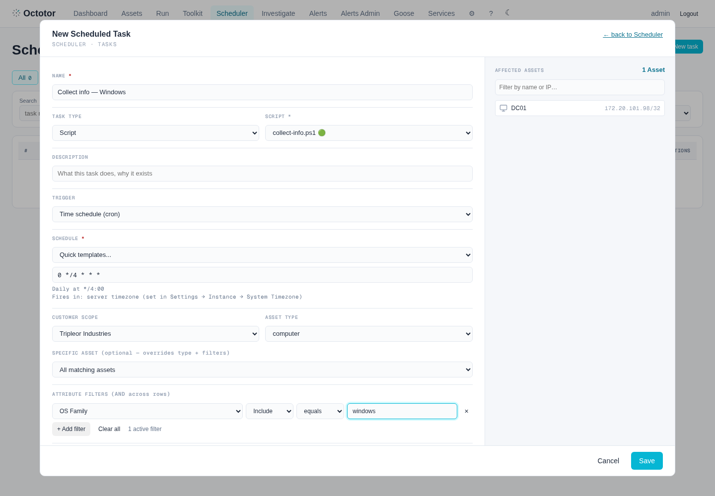 The New Scheduled Task form, filled in