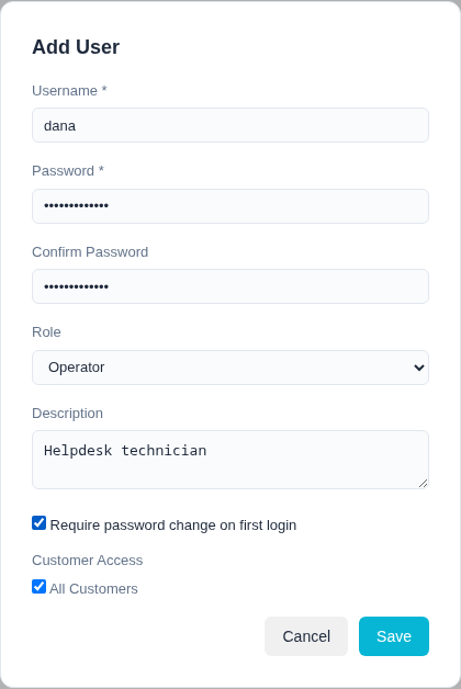 The Add User form, filled