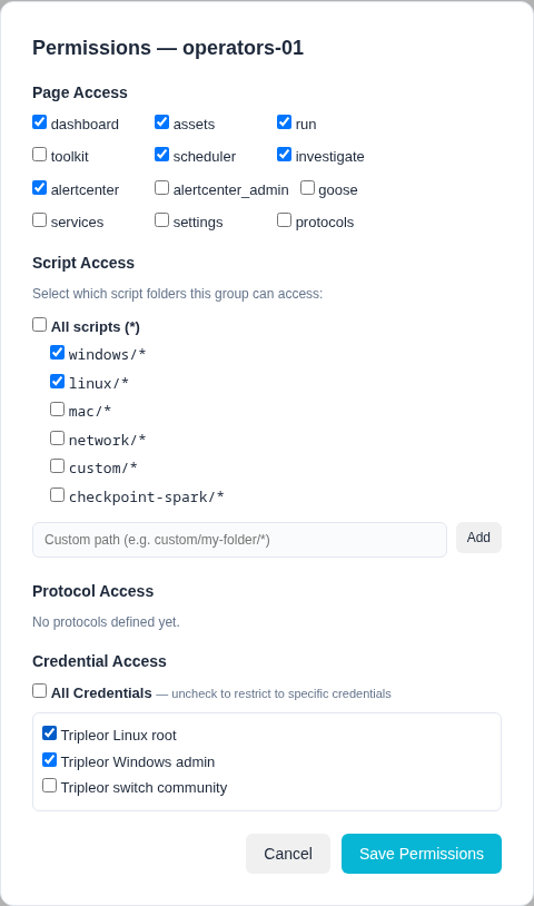 The group permissions form, filled