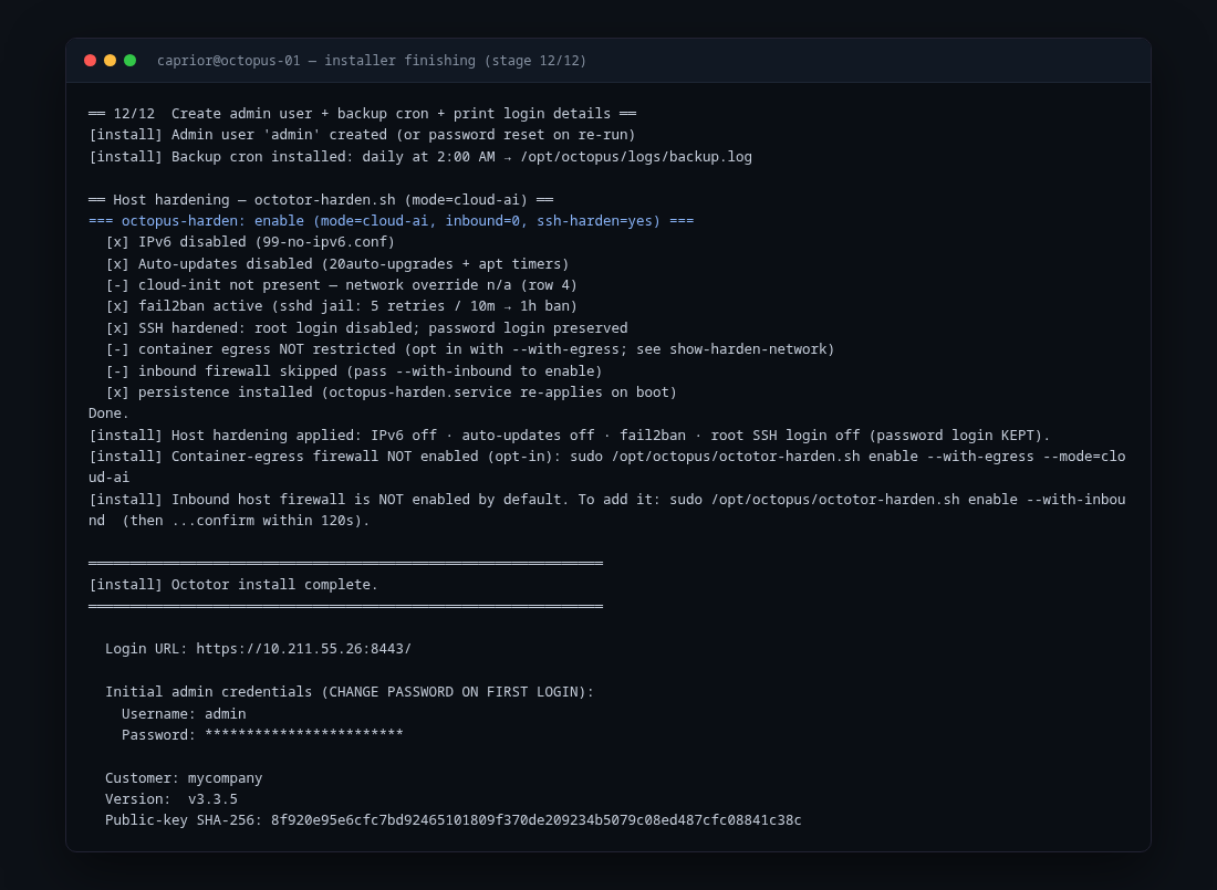 Terminal — the installer's final output with the Login URL and admin credentials