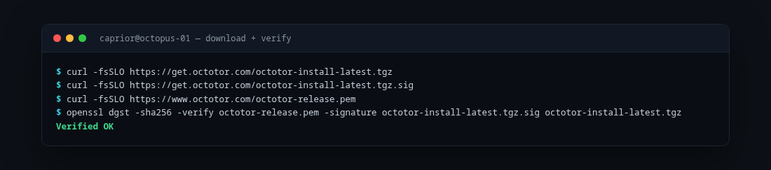 Terminal — download and verify, ending in Verified OK